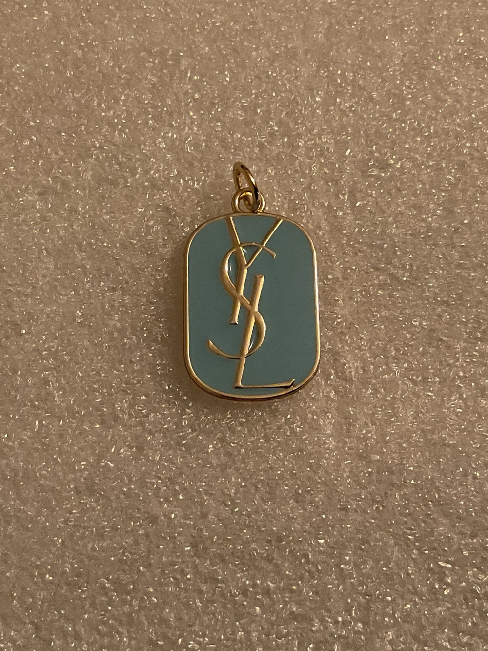 Vintage Yves Saint Laurent Turquoise Blue Enamel Logo Pendant Charm Gold Tone